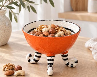 Bol de helado de cerámica con patas, bonito plato de postre naranja con pie, bol para dulces y aperitivos hecho a mano, decoración única para regalo de inauguración de casa