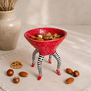 Handmade Ceramic Bowl with Striped Legs, Whimsical Sculptural Pottery, Surreal Home Decor, Unique Art Bowl, Statement Ceramic Piece