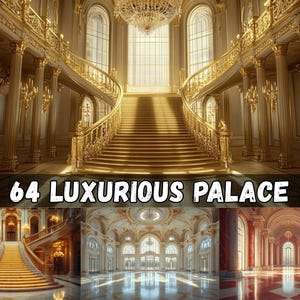 May include: An opulent palace interior in gold tones, featuring a grand staircase, elaborate balustrades, and tall columns. The image includes the text "64 LUXURIOUS PALACE", indicating a collection or theme of luxurious spaces.