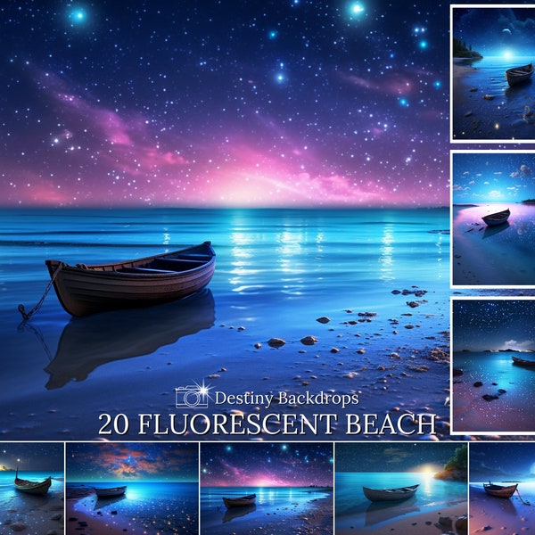 20 Fluorescent Beach Digital Backdrop Photography Fantasy Beach Background Fluoresent Magical Night Sky Stars Digital Photoshop Overlay Art