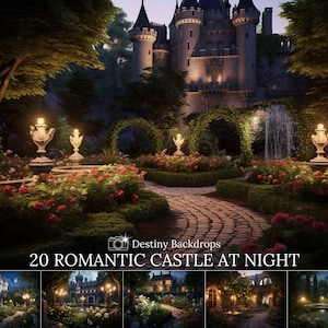 20 Romantic Castle at Night Digital Backdrops Bundle Enchanting Medieval Townscape Castle Wall Art Romantic Backdrop Christmas Gift Castle