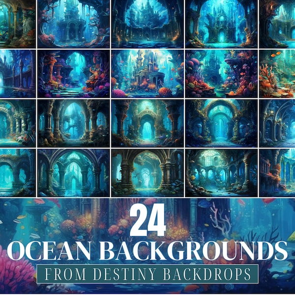 24 Enchanted Ocean Digital Backgrounds Undersea Photo Backdrop Underwater Scene Sea Wall Print Fish Coral Art Bubble JPEG Photoshop Overlays