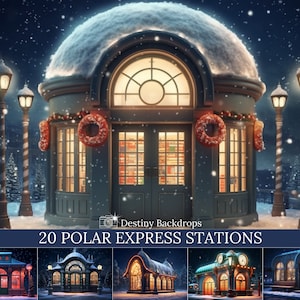 Polar Express Eisenbahn Station Weihnachten Digitaler Hintergrund für Kinderweihnachtszug Fotografie Zusammengesetzter Schnee Winterdorf Nordpolzug
