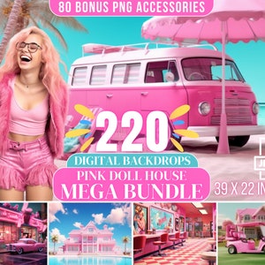 220 Dolly Inspired Digital CG Backdrops Dolly Dream House Backdrop Bundle Malibu Beach Doll Closet TikTok Pink Doll PNG Photoshop Overlay