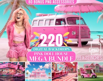 220 Dolly Inspired Digital CG Backdrops Dolly Dream House Backdrop Bundle Malibu Beach Doll Closet TikTok Pink Doll PNG Photoshop Overlay