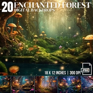 20 魔法の妖精の森の背景 デジタル背景 ファンタジーの森の背景 魔法の森 ファインアートプリント Photoshop オーバーレイ 家族写真