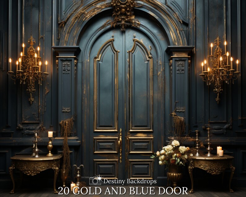20 Gold and Blue Door Digital Background Golden Blue Wall Backdrop