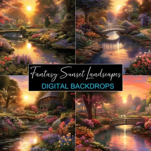 Fairytale Landscape Backdrop Fantasy Lake Backdrop Fine Art Watercolor Sunset Background Maternity Backdrop Wedding Photoshop Overlay JPEG