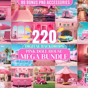 220 Dolly Inspired Digital CG Backdrops Dolly Dream House Backdrop Bundle Malibu Beach Doll Closet TikTok Pink Doll PNG Photoshop Overlay