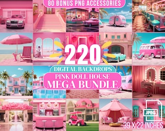 220 Dolly Inspired Digital CG Backdrops Dolly Dream House Backdrop Bundle Malibu Beach Doll Closet TikTok Pink Doll PNG Photoshop Overlay