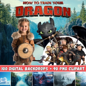 How to Train Your Dragon Clipart and Digital Backdrops, How to Train Your Dragon Backdrop, Digital Instant Download, Birthday Party Backdrop