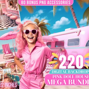 220 Dolly Inspired Digital CG Backdrops Dolly Dream House Backdrop Bundle Malibu Beach Doll Closet TikTok Pink Doll PNG Photoshop Overlay