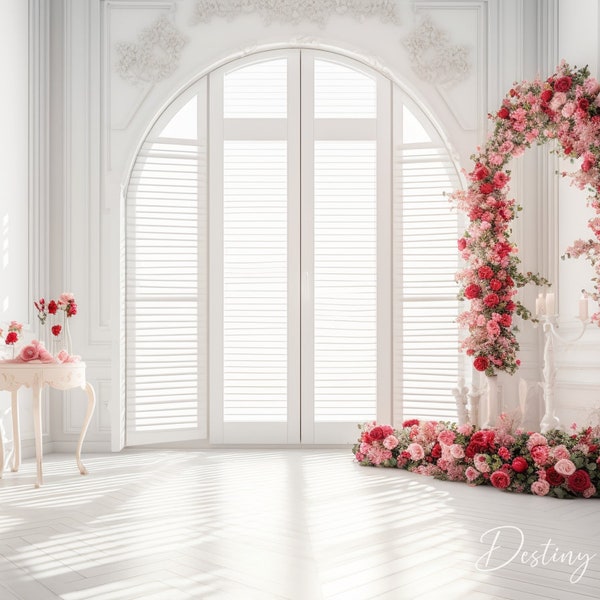 White Room Pink Red Rose Backdrop Fine Art Floral Arch Backdrop Elegant Wedding Photography Floral Maternity Backdrop Photoshop Overlays