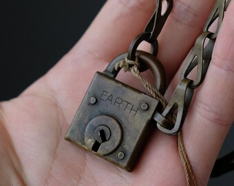 Vintage pocket brass chain lock, packing box lock