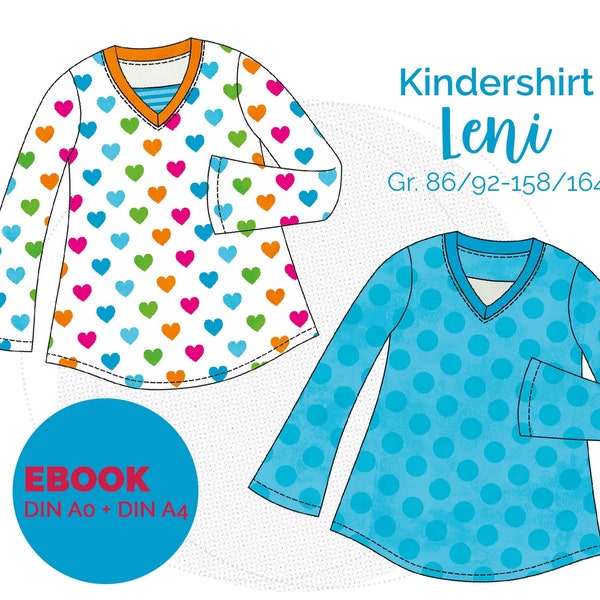 Ebook Kindershirt LENI mit V-Ausschnitt und ausgestellten Ärmeln, Shirt Trompetenärmel, Mädchenshirt langarm, Gr. 86/92-158/164