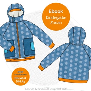 Könnte beinhalten: Ein digitales Schnittmuster für eine Kinderjacke mit Kapuze und einem blauen und weißen Sternenmuster. Das Schnittmuster enthält Anleitungen für die Größen DIN A0 und DIN A4. Das Schnittmuster heißt "Zorian" und ist als E-Book erhältlich.