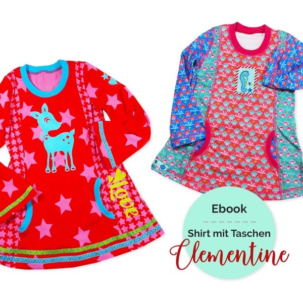 Ebook PDF-Schnittmuster Kindershirt, Tunika "Clementine" langarm, Langarmshirt mit Taschen, Gr. 86/92-170/176, Shirt mit Teilungsnähten