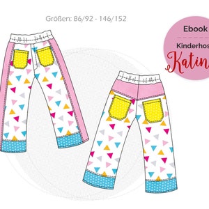 PDF-Schnittmuster Kinderhose &quot;Katinka&quot;, Mädchenhose lässiger Sitz, Nähanleitung Gr. 86/92 bis 146/152, sportliche Hose mit Seitenstreifen