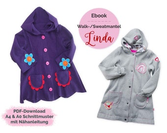 Ebook-Schnittmuster Kindermantel LINDA, Walkmantel, Sweatmantel, Gr. 86/92-146/152, Mädchenmantel mit Kapuze und Taschen