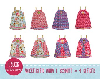 PDF-Schnittmuster Wende-Wickelkleid "Anna", 4 in 1 Kinderkleid, Schürzenkleid Nähanfänger, Gr. 86/92 - 134/140, online Nähanleitung