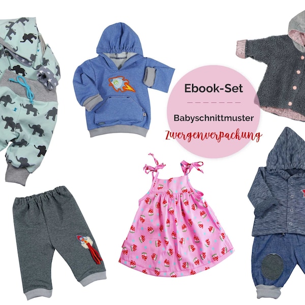 Ebook PDF-Schnittmuster-Set Babykleidung Zwergenverpackung Gr. 50/56-74/80 Babyhose Babyjacke Babykleid Babyshirt Babypullover