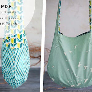 Puede incluir: Patrón de costura PDF para una bolsa de mano. La bolsa está hecha de una tela turquesa con un patrón floral y una tela verde con un patrón de pájaros. El texto en el patrón dice "PDF Schnittmuster BeutelTasche".