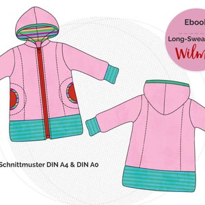 PDF Schnittmuster Long-Sweatjacke Wilma, Kinderjacke mit Kapuze, Gr. 86/92 - 170/176 Ebook mit Nähanleitung
