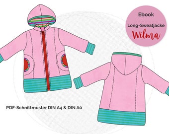 PDF Schnittmuster Long-Sweatjacke Wilma, Kinderjacke mit Kapuze, Gr. 86/92 - 170/176 Ebook mit Nähanleitung