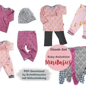 PDF-Schnittmuster Babykleidung &quot;Minibasics&quot;, Baby-Erstausstattung nähen, Gr. 50/56, 62/68, 74/80, Babyhose mit Fuß, Babybody, Babymütze