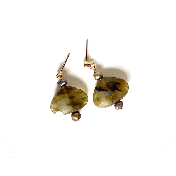 Drop earrings with faceted Labradorite stones and  dark blue/grey freshwater pearls,  gold filled studs with ball