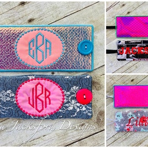 May include: Four different fabric keychains with a button and a loop. The keychains are made of different fabrics and have different designs. One keychain has a pink fabric with the letters "EBA" embroidered in blue. Another keychain has a gray fabric with a white lace design and the letters "JBR" embroidered in pink. The third keychain has a pink iridescent fabric with a button. The fourth keychain has a gray fabric with a white floral design and the word "Lina" embroidered in gray.