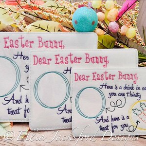 May include: Three white felt Easter bunny note cards with a circle for a treat and a drink. The text on the cards reads "Dear Easter Bunny, Here is a drink in case you are thirsty. And here is a treat for you."