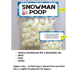 Sopa de muñeco de nieve y caca de muñeco de nieve: ¡obtienes ambas! - Imprima y corte sus propios adornos para bolsas de golosinas de descarga digital Navidad de doble cara