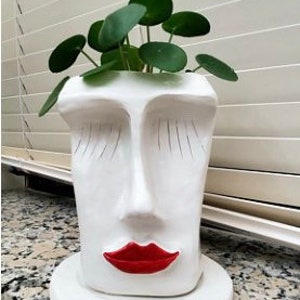 May include: White ceramic planter shaped like a face with closed eyes and red lips. The planter has a round opening at the top and is filled with a green plant.