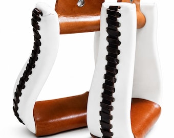 Estribos de cuero crudo blanco trenzados a mano: Accesorios de equitación vaquera occidental (5,5" de altura, 3" de cuello)