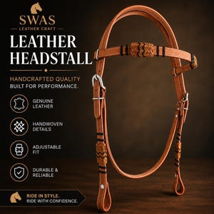 May include: A tan leather headstall with handwoven detailing and an adjustable fit. The headstall has silver buckles and is designed for durability and reliability. The image text reads "Leather Headstall" and "Ride in Style."