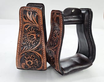 Estribos de silla de montar western de cuero con diseño floral tallado a mano – Par de accesorios ecuestres de 7,6 cm (3")