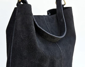 Bolso de cubo de piel de ante negra para mujer, bolso bandolera minimalista hecho a mano.
