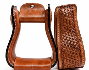 Estribos de cuero estilo western hechos a mano: Arreo para montar a caballo con tejido de cesta (cuello de 7,6 cm)