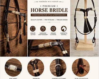 Cabezada de cuero anudado estilo western hecha a mano, brida con frontalera trenzada de cuero crudo y crin de caballo, juego de arreos para vaqueros Futurity.