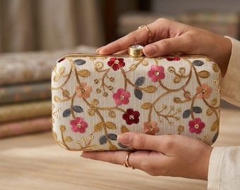 Bolso de mano bordado con flores, bolso de noche tradicional indio, accesorio de boda nupcial.