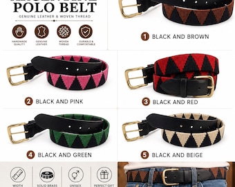 Cinturón de polo argentino hecho a mano: cuero genuino, patrón de triángulos tejidos, regalo personalizado de estilo western.