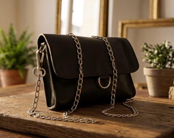 Bolso bandolera de piel auténtica: bolso de mano de noche con correa de cadena negra.