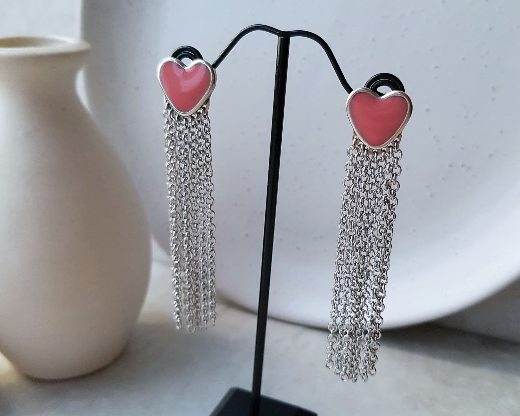 Soft pink heart enamel earrings with long metal chain fringe Etsy
