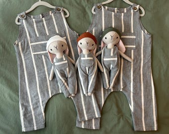 Handmade Upcycled Baby Overalls, Optional Matching Bunny--Dark Gray & White Stripe