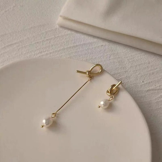 Natural Freshwater Pearl Earrings Asymmetric Knots Dangle | Etsy