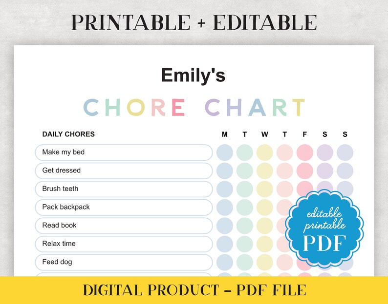 Chore Chart for Toddler Kids Editable Daily Routine Checklist ...