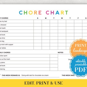 Weekly Chore Chart Rainbow Reward for Kids Editable Minimalist Daily ...