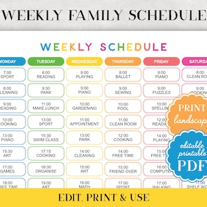 May include: A colorful printable weekly family schedule template with a rainbow color scheme. The schedule is divided into seven days of the week, with time slots from 7:00 AM to 11:00 PM. Each time slot has a different activity listed, such as "Sport", "Reading", "Playing", "Ballet", "Piano", "Clean Room", "Cooking", "Gardening", "Swimming", "Art", "Games", "Free Time", "Math", "Organize", "Sewing", "Puzzles", "Spellin", "Readin", "Playing", "Free Time", "Friend Over", "Compute", "Walkin", "Shelf Work".