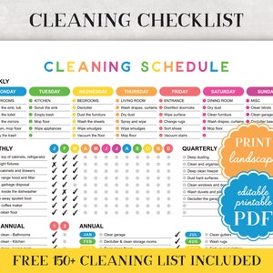 掃除チェックリスト - 掃除スケジュール - 編集可能な週次、月次、年次プランナー - PDF 家族家事表テンプレート